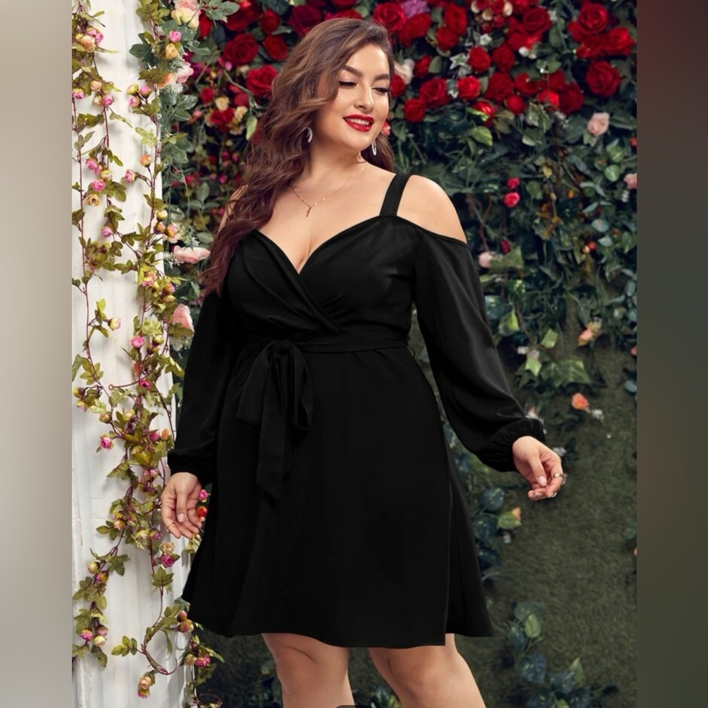 Plus Cold Shoulder Surplice Front Belted Dress